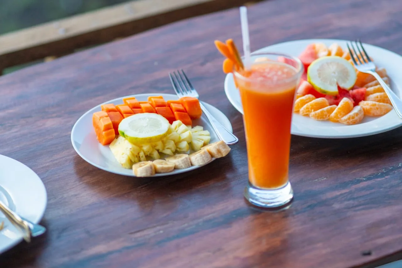 Fresh tropical fruit and juice served for breakfast