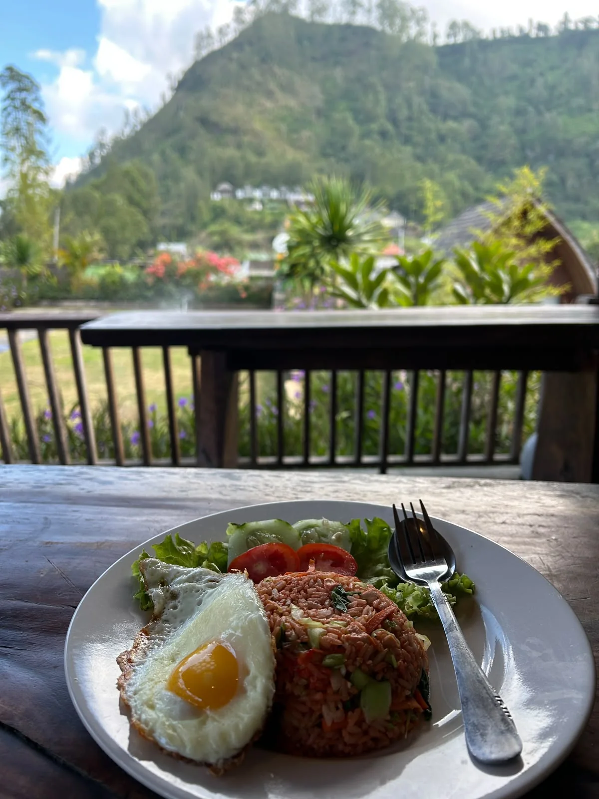 Fried rice and egg breakfast served with a mountain view